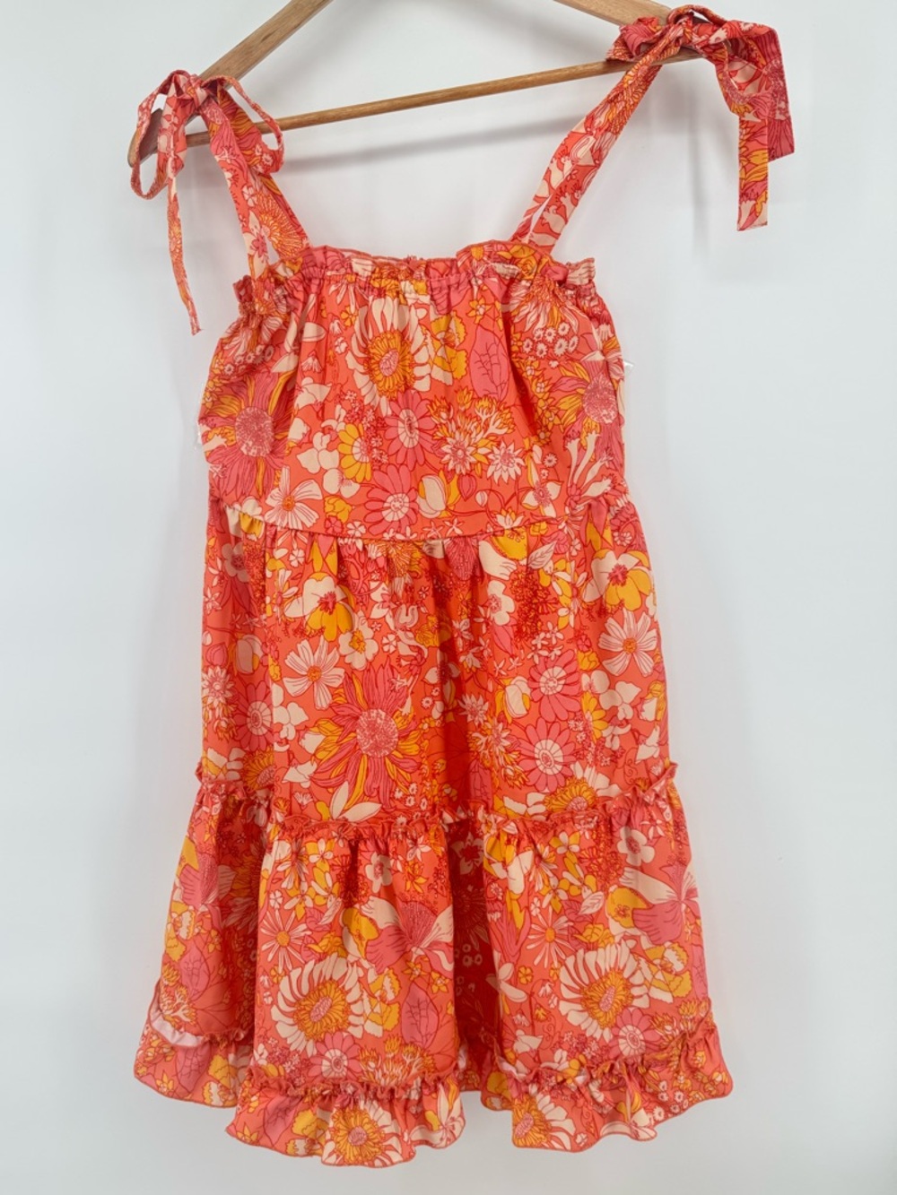 Boho Bright Floral Tie-Shoulder Sundress Coral Pink Women's Size Med Festival - Picture 2 of 6